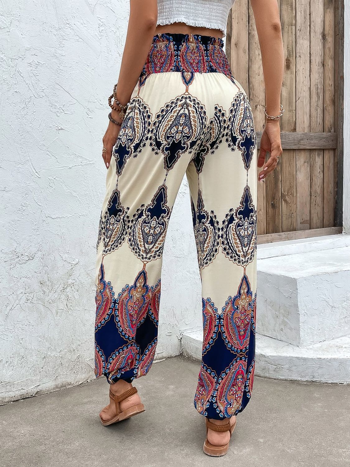 Printed Smocked High Waist Pants