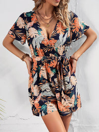 Botanical Print Surplice Neck Tie Waist Romper