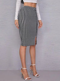 Houndstooth Slit Knee-Length Skirt