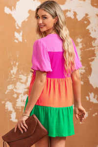 Color Block Buttoned Puff Sleeve Dress