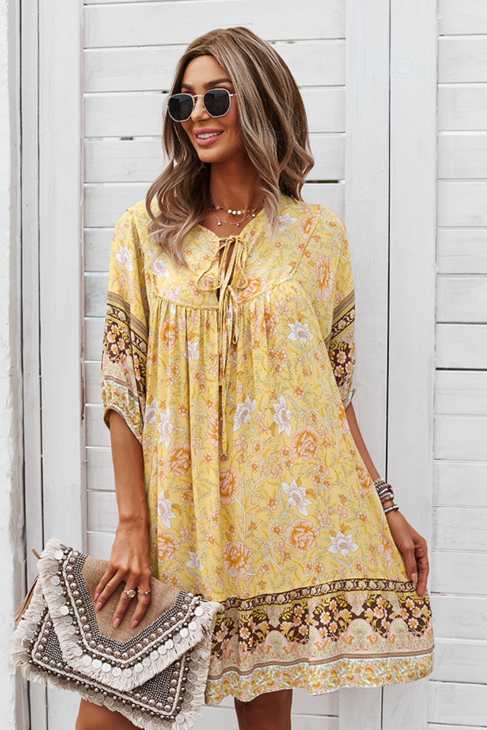 Bohemian Tie Neck Mini Dress