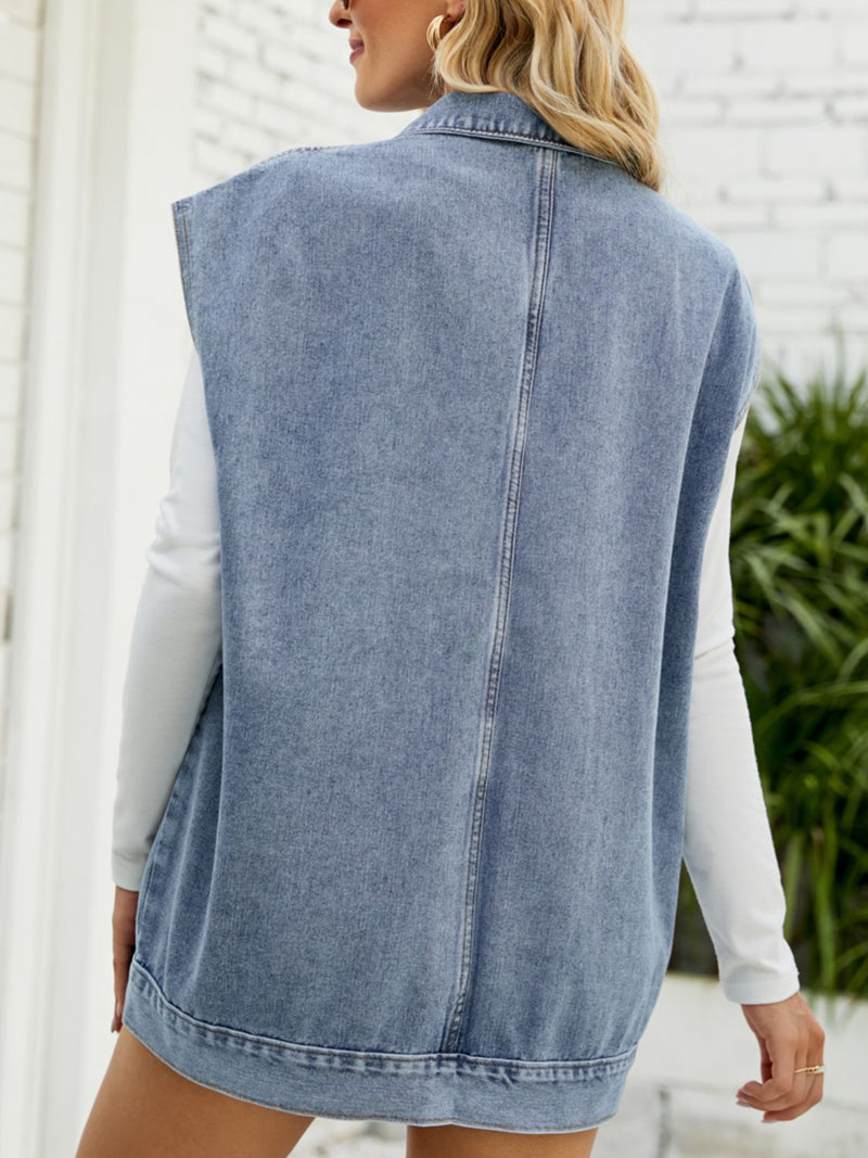 Collared Neck Sleeveless Denim Top with Pockets