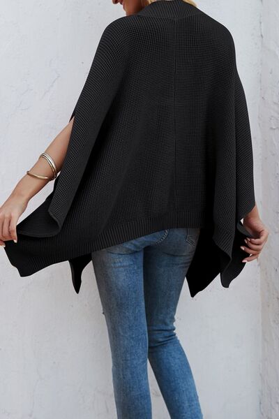 Waffle-Knit Pocketed Cape Sleeve Sweater