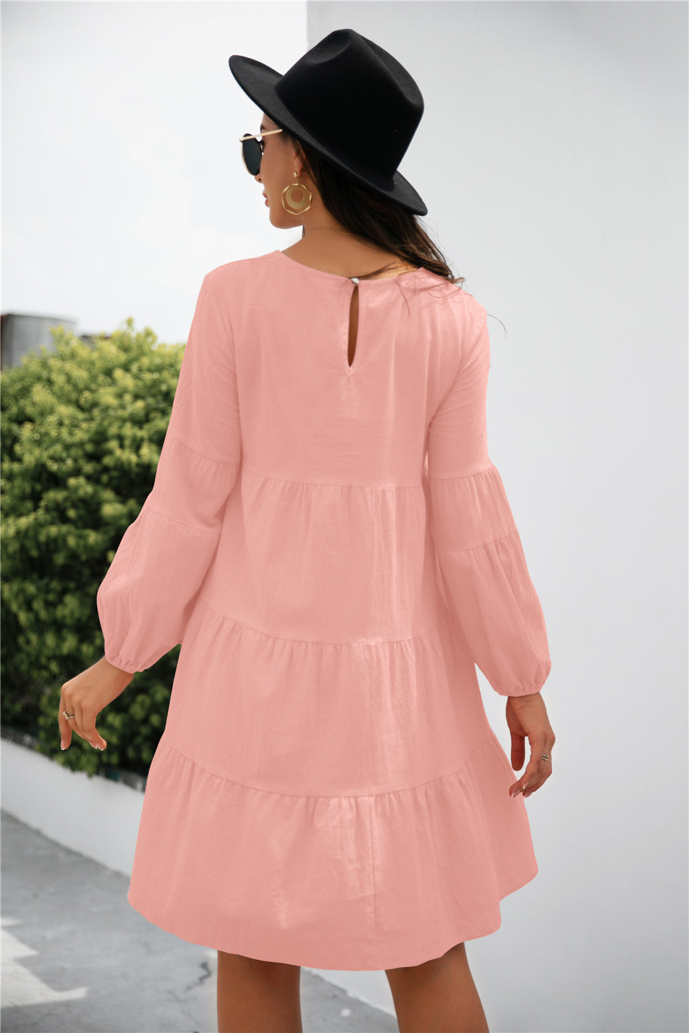 Balloon Sleeve Keyhole Tiered Dress