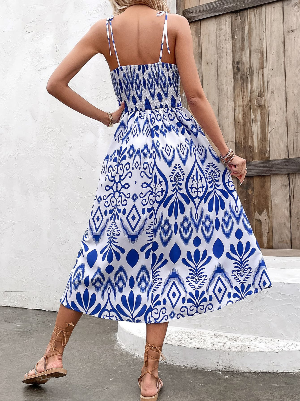 Printed Tie Shoulder Sweetheart Neck Dress