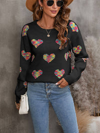 Heart Round Neck Ribbed Trim Sweater