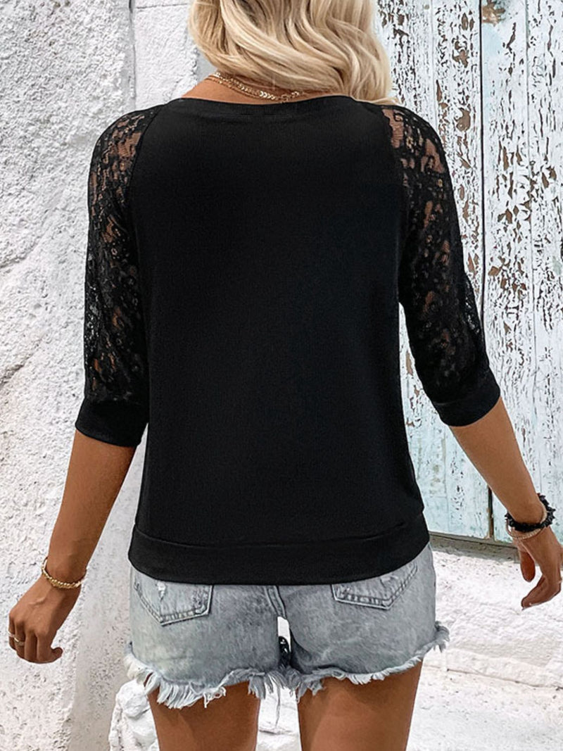 V-Neck Spliced Lace Raglan Sleeve Top