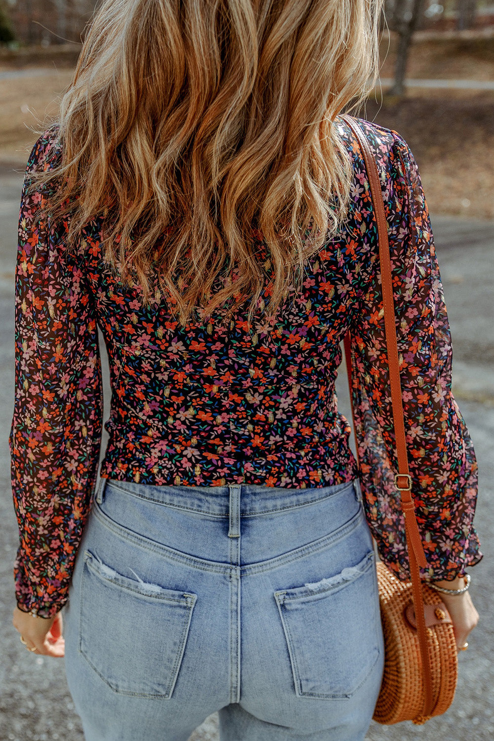 Floral Long Flounce Sleeve Blouse