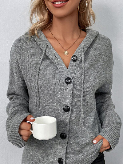 Drawstring Button Up Hooded Cardigan