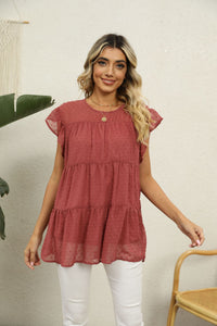 Swiss Dot Round Neck Tiered Blouse