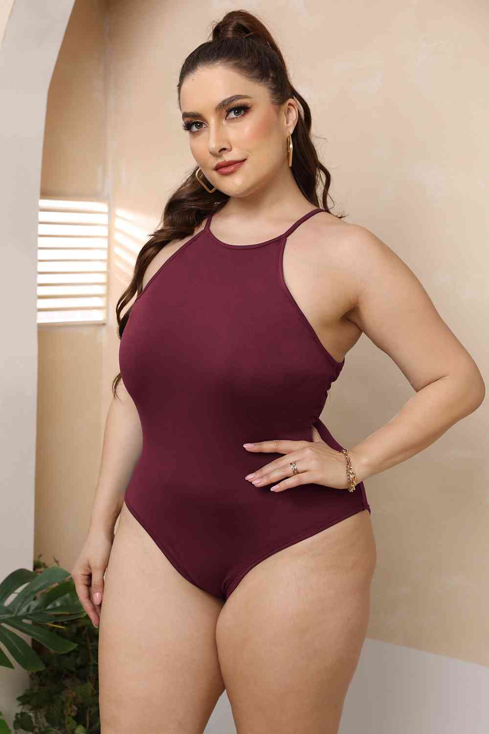 Plus Size Halter Neck Spaghetti Strap Bodysuit