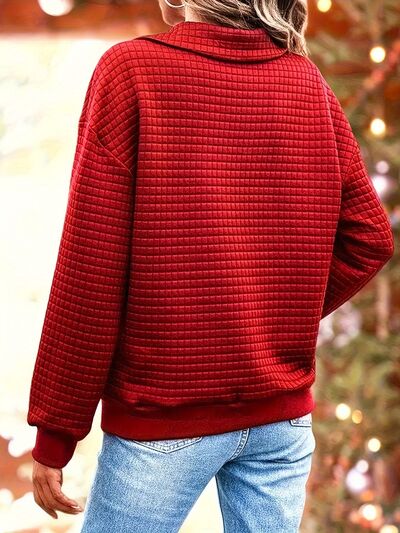 Waffle-Knit Collared Neck Long Sleeve Sweatshirt