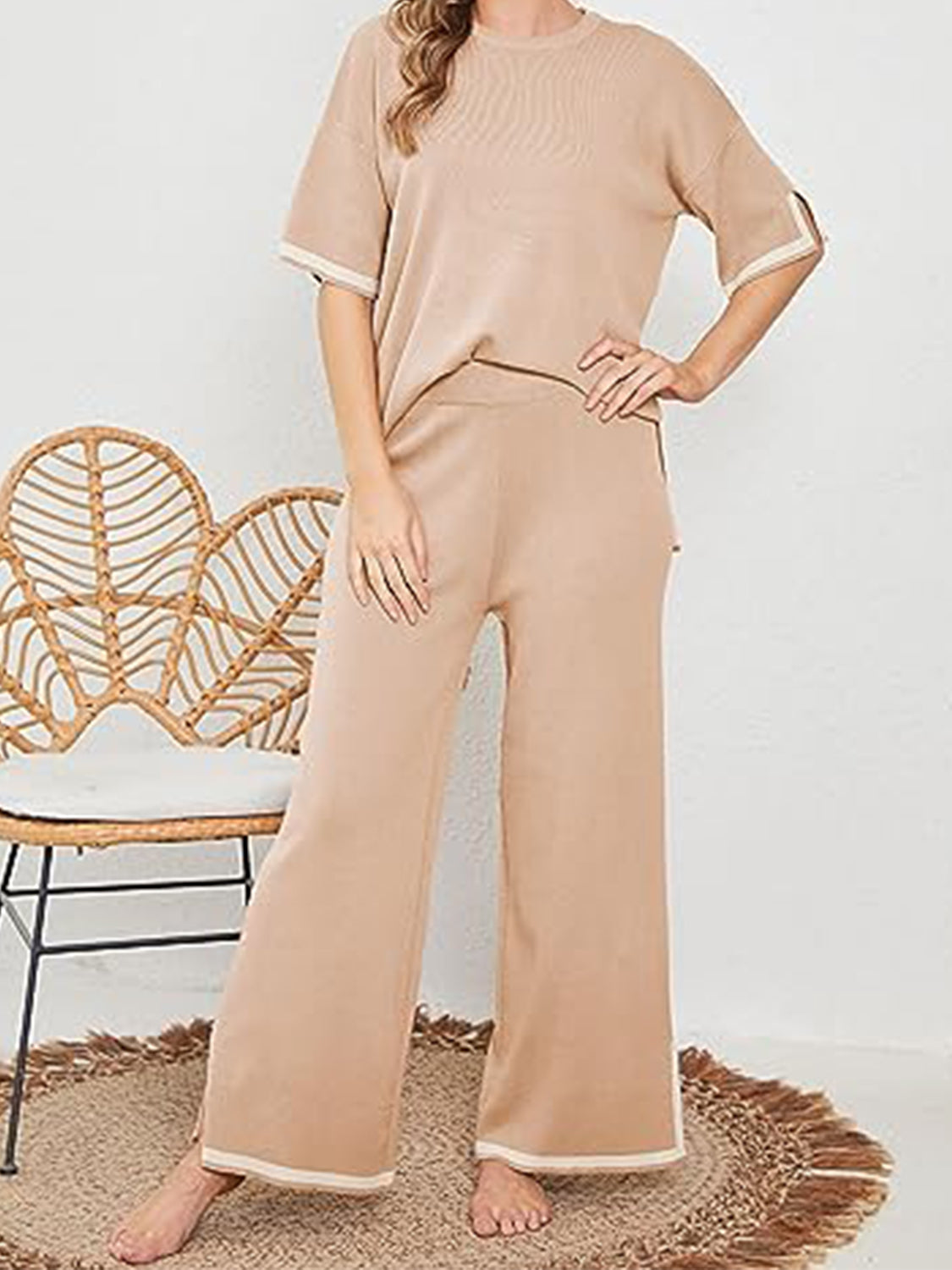 Contrast High-Low Sweater and Knit Pants Set