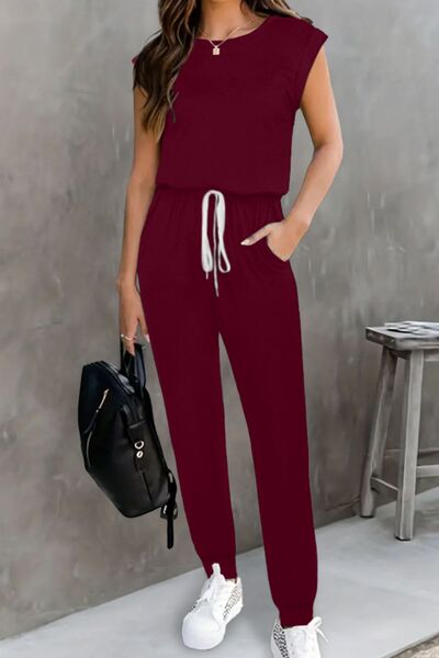 Drawstring Round Neck Sleeveless Jumpsuit