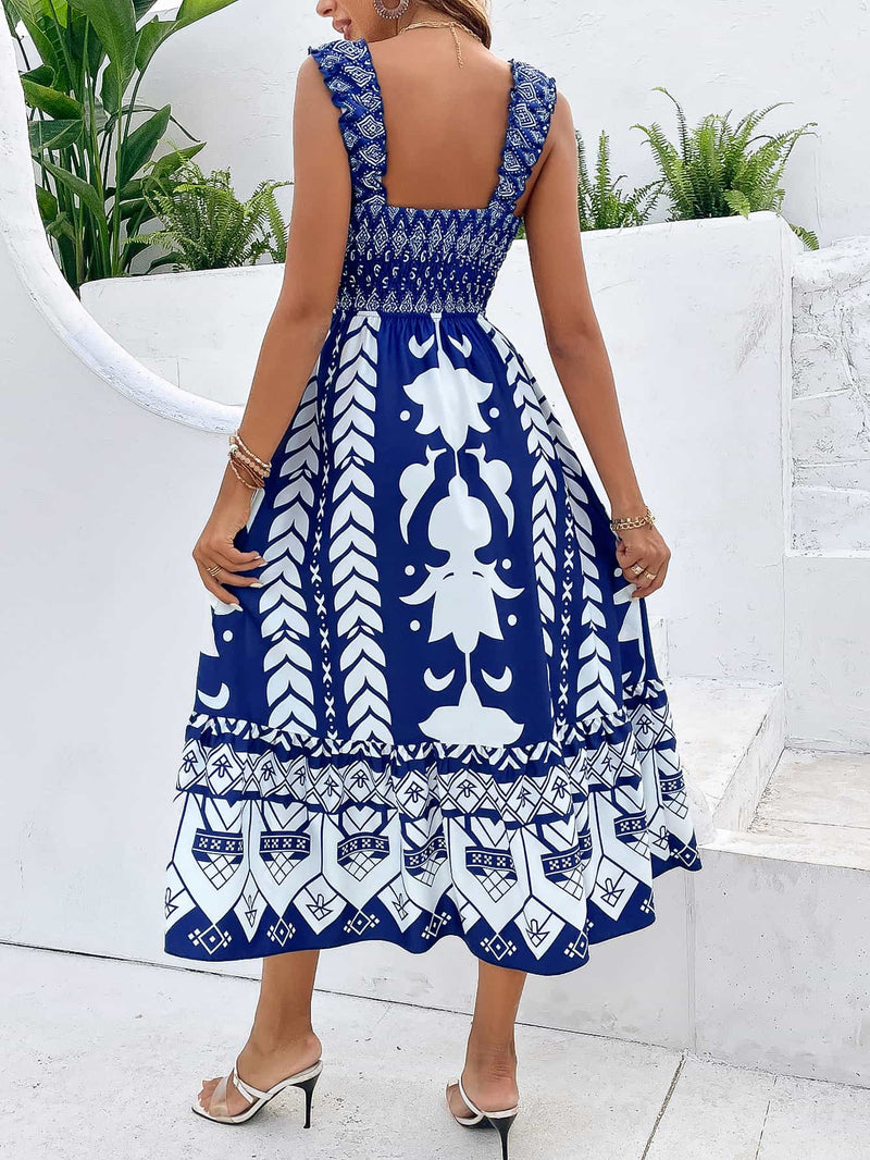 Printed Square Neck Sleeveless Midi Dress